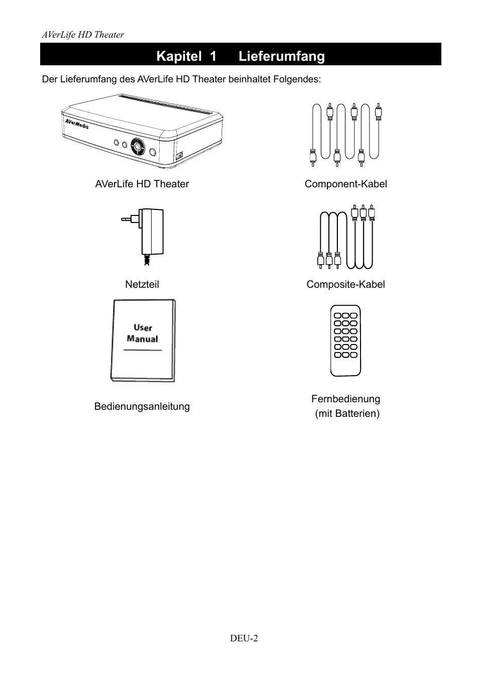 Kapitel 1, Lieferumfang, Kapitel 1 lieferumfang | AVerMedia Technologies AVerLife HD Theater A211 User Manual | Page 20 / 96