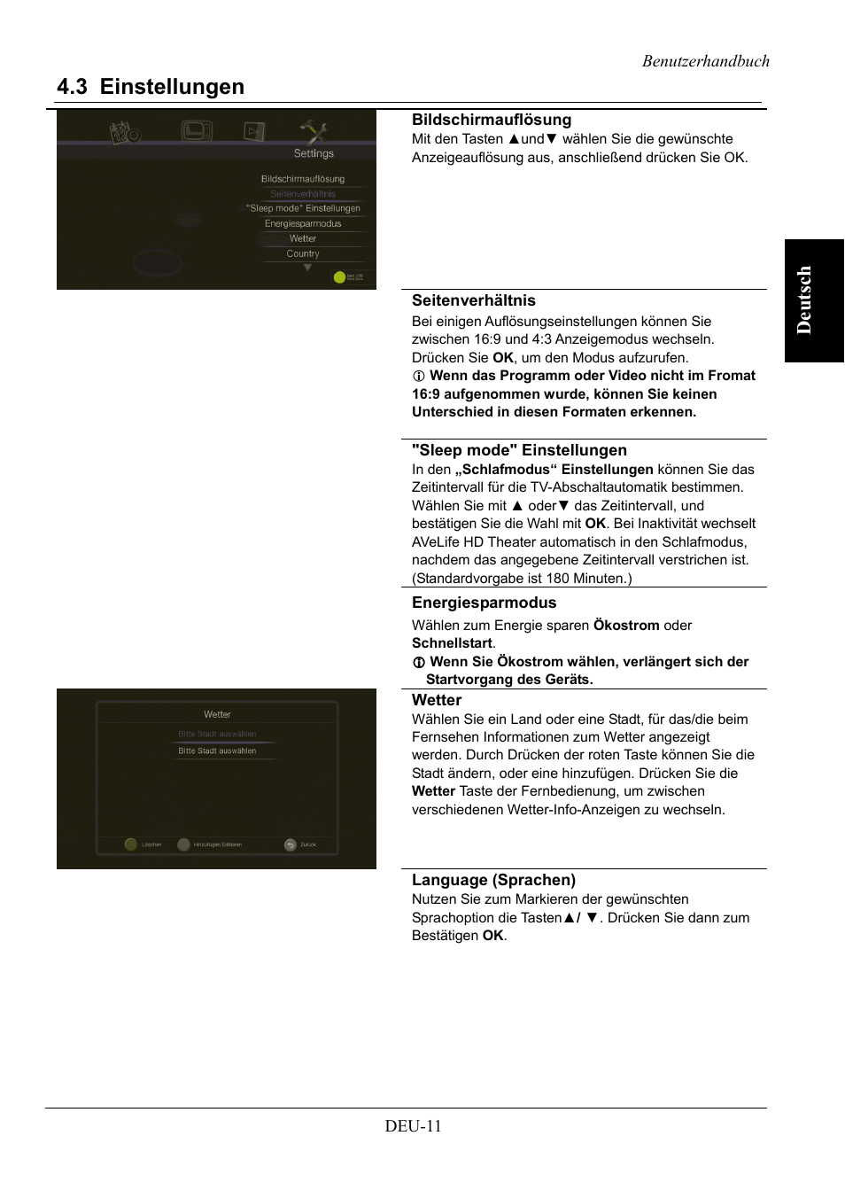 Einstellungen, 3 einstellungen, Deut sch | AVerMedia Technologies AVerLife HD Theater A211 User Manual | Page 29 / 96