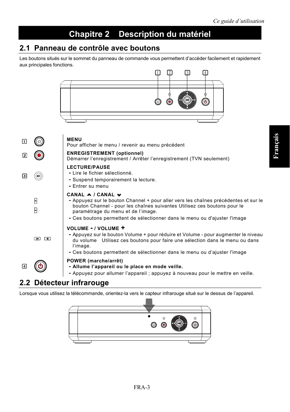 Chapitre 2, Description du matériel, Panneau de contrôle avec boutons | Détecteur infrarouge, Chapitre 2 description du matériel, 1 panneau de contrôle avec boutons, 2 détecteur infrarouge, Franç ais | AVerMedia Technologies AVerLife HD Theater A211 User Manual | Page 33 / 96