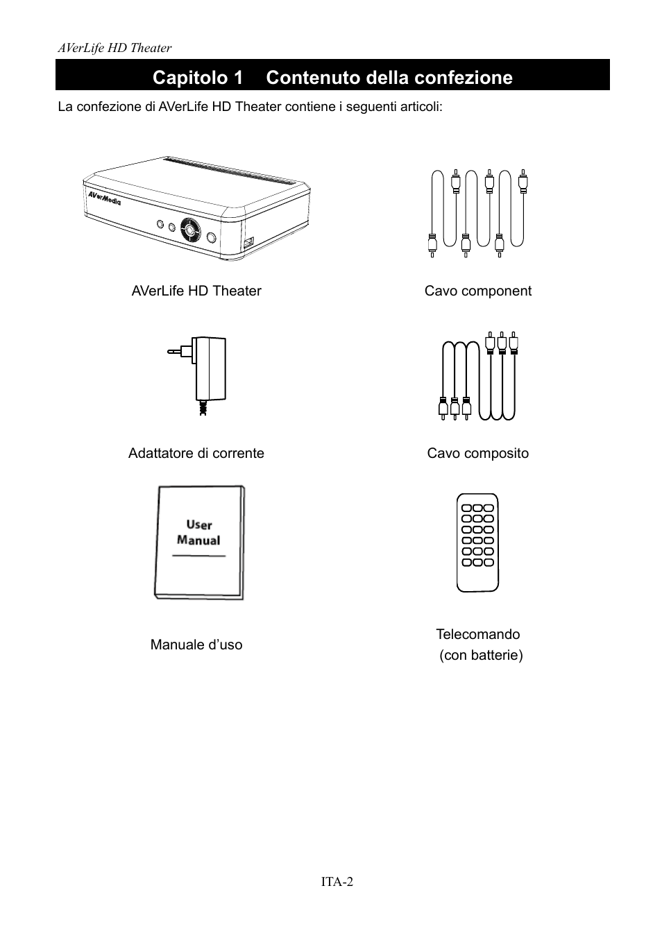 Capitolo 1, Contenuto della confezione, Capitolo 1 contenuto della confezione | AVerMedia Technologies AVerLife HD Theater A211 User Manual | Page 44 / 96