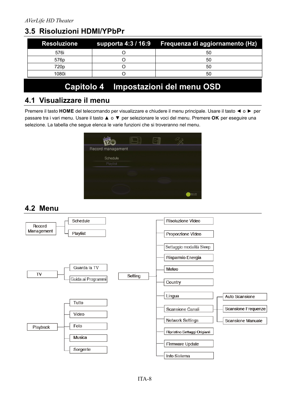 Risoluzioni hdmi/ypbpr, Capitolo 4, Impostazioni del menu osd | Visualizzare il menu, Menu, Capitolo 4 impostazioni del menu osd, 5 risoluzioni hdmi/ypbpr, 1 visualizzare il menu, 2 menu | AVerMedia Technologies AVerLife HD Theater A211 User Manual | Page 50 / 96