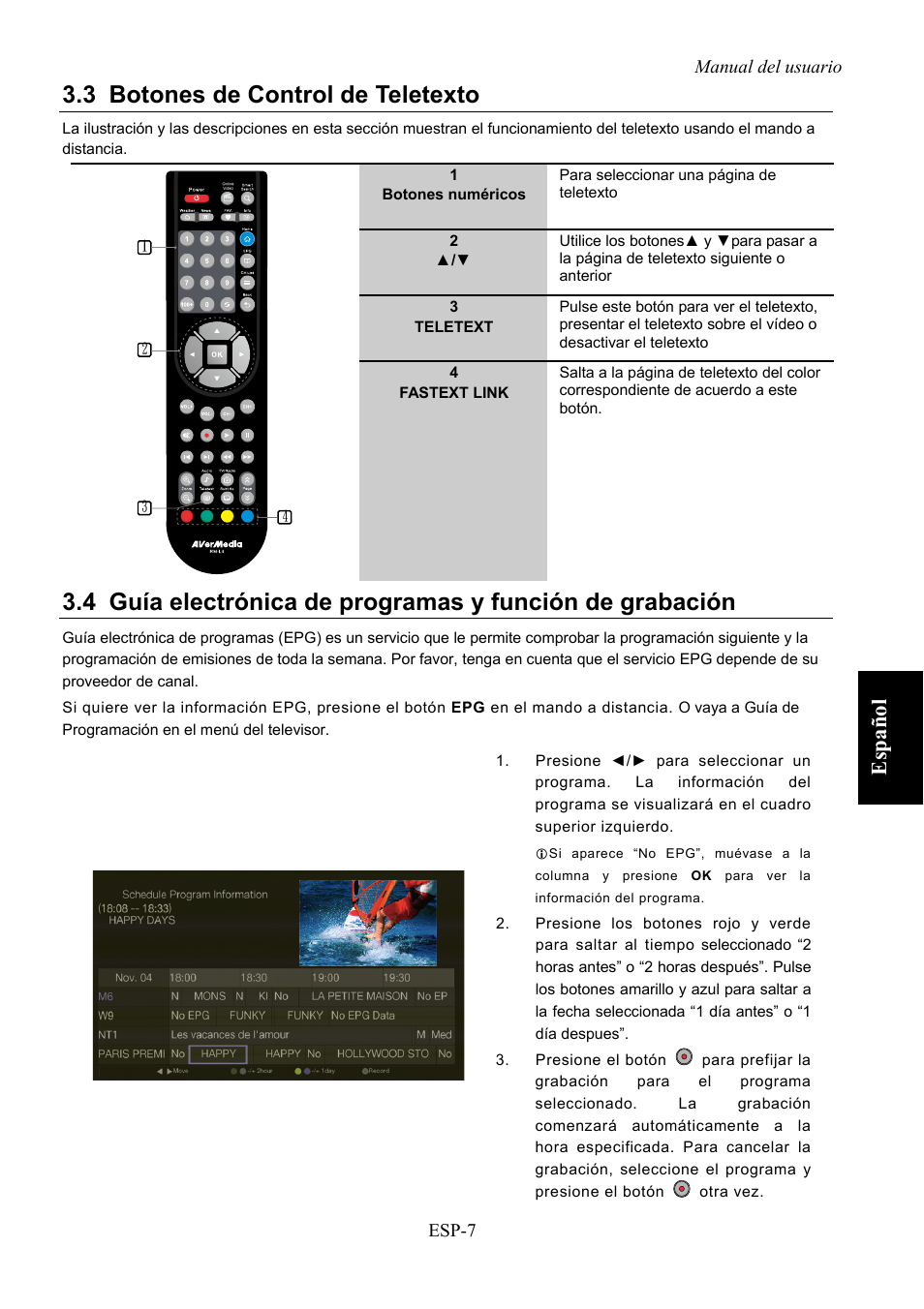 Botones de control de teletexto, 3 botones de control de teletexto, Espa ño l | AVerMedia Technologies AVerLife HD Theater A211 User Manual | Page 61 / 96