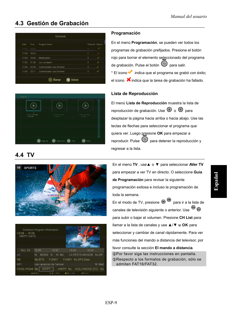 Gestión de grabación, 3 gestión de grabación, 4 tv | Espa ño l | AVerMedia Technologies AVerLife HD Theater A211 User Manual | Page 63 / 96