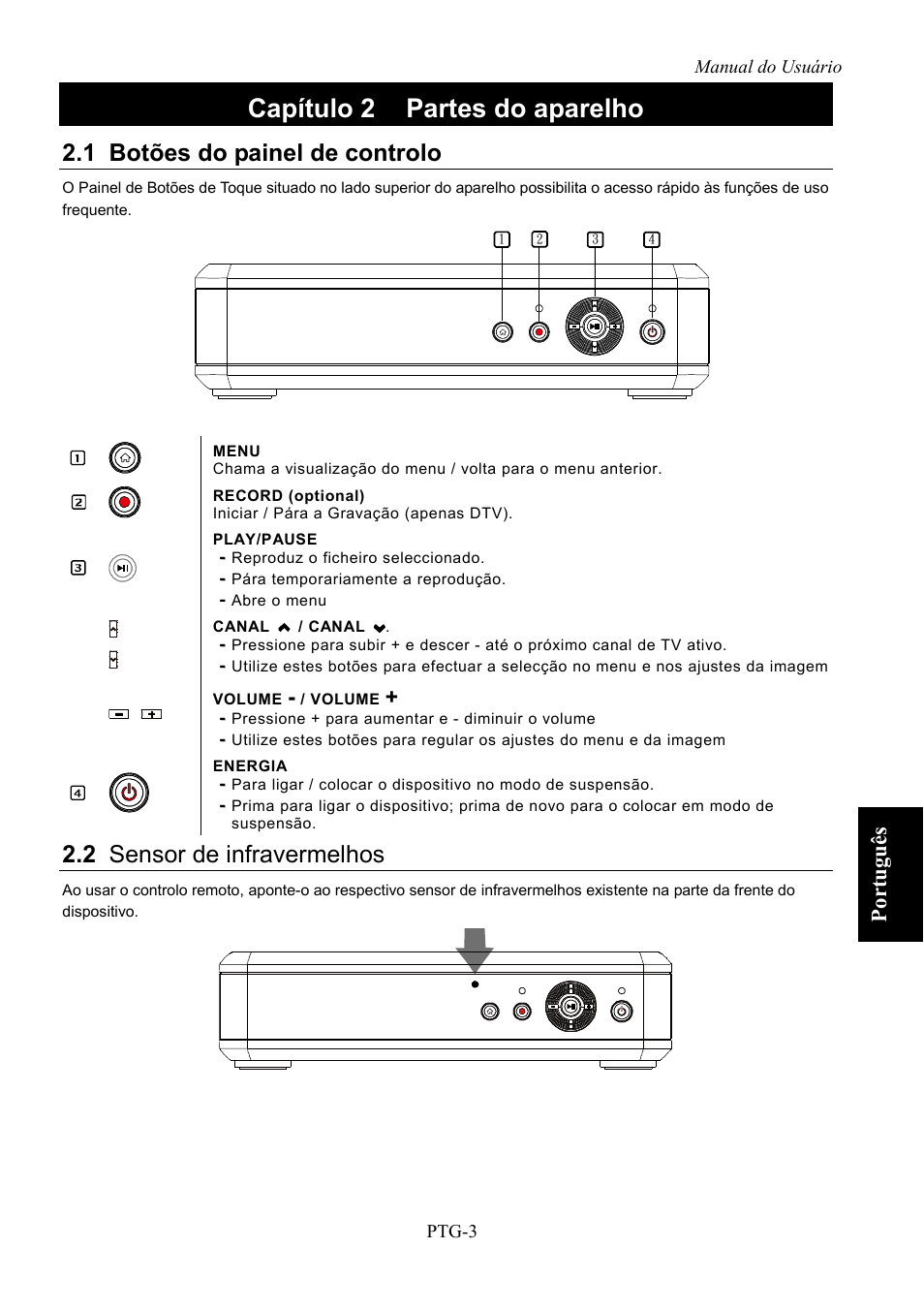 Capítulo 2, Partes do aparelho, Botões do painel de controlo | Sensor de infravermelhos, Capítulo 2 partes do aparelho, 1 botões do painel de controlo, 2 sensor de infravermelhos, Português | AVerMedia Technologies AVerLife HD Theater A211 User Manual | Page 69 / 96