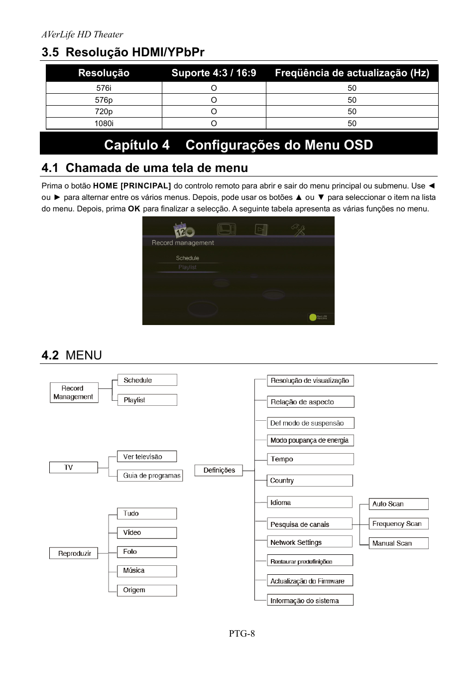 Resolução hdmi/ypbpr, Capítulo 4, Configurações do menu osd | Chamada de uma tela de menu, Menu, Capítulo 4 configurações do menu osd, 5 resolução hdmi/ypbpr, 1 chamada de uma tela de menu, 2 menu | AVerMedia Technologies AVerLife HD Theater A211 User Manual | Page 74 / 96