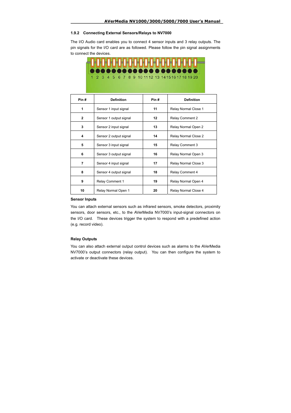 2 connecting external sensors/relays to nv7000 | AVerMedia Technologies NV 5000 User Manual | Page 40 / 169