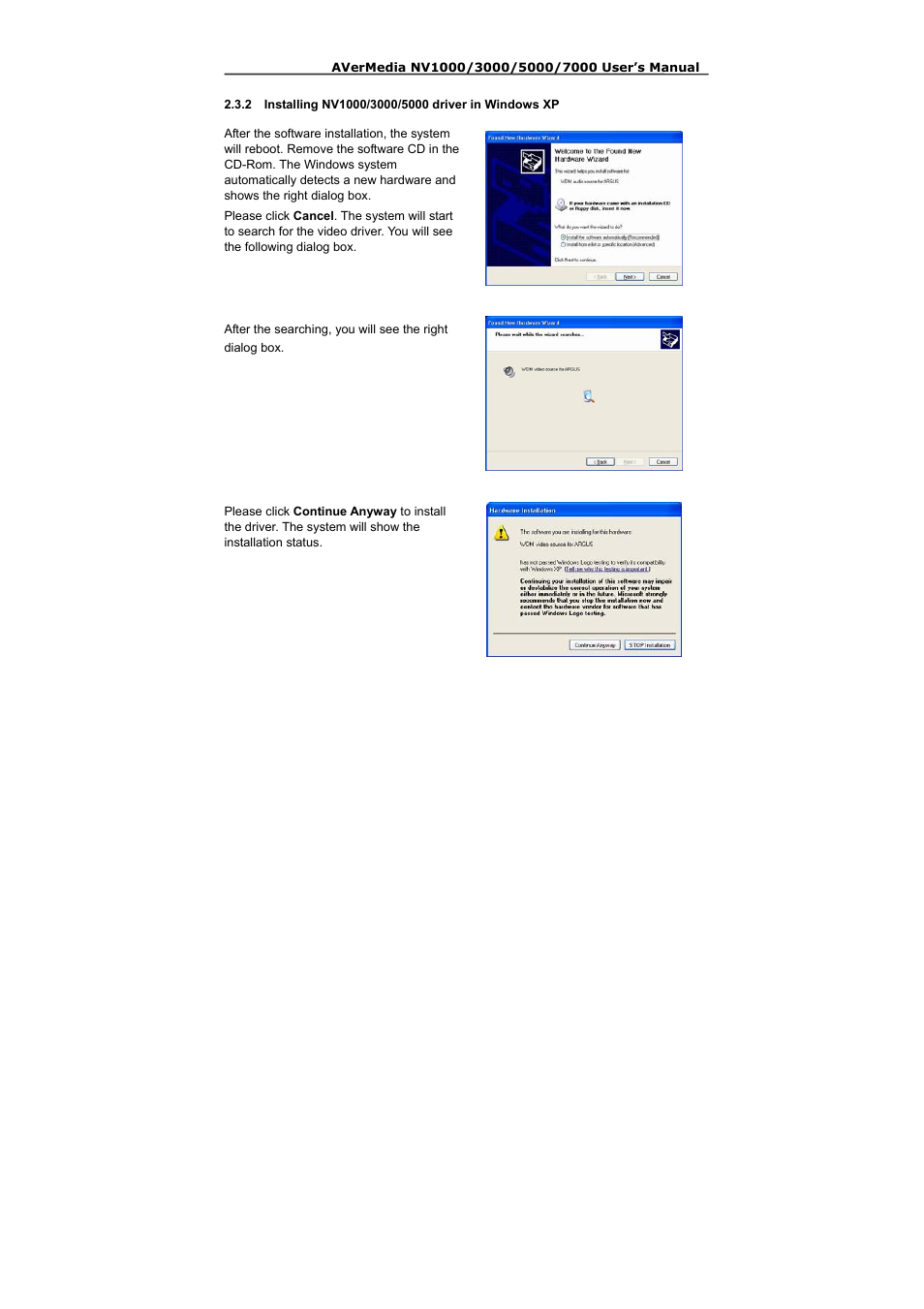 2 installing nv1000/3000/5000 driver in windows xp | AVerMedia Technologies NV 5000 User Manual | Page 54 / 169