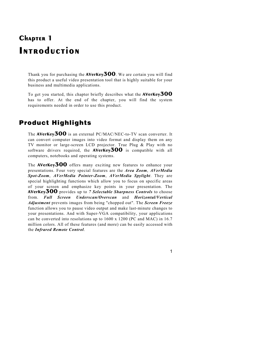 Introduction, Chapter 1, Product highlights | AVerMedia Technologies AVerKey300 User Manual | Page 4 / 32