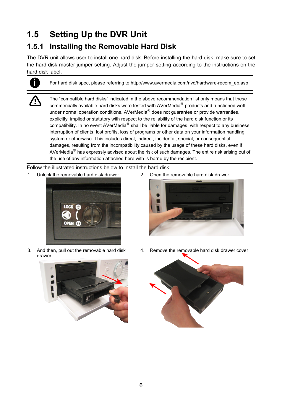 5 setting up the dvr unit, 1 installing the removable hard disk | AVerMedia Technologies AVERDIGI EB5416DVD User Manual | Page 12 / 79