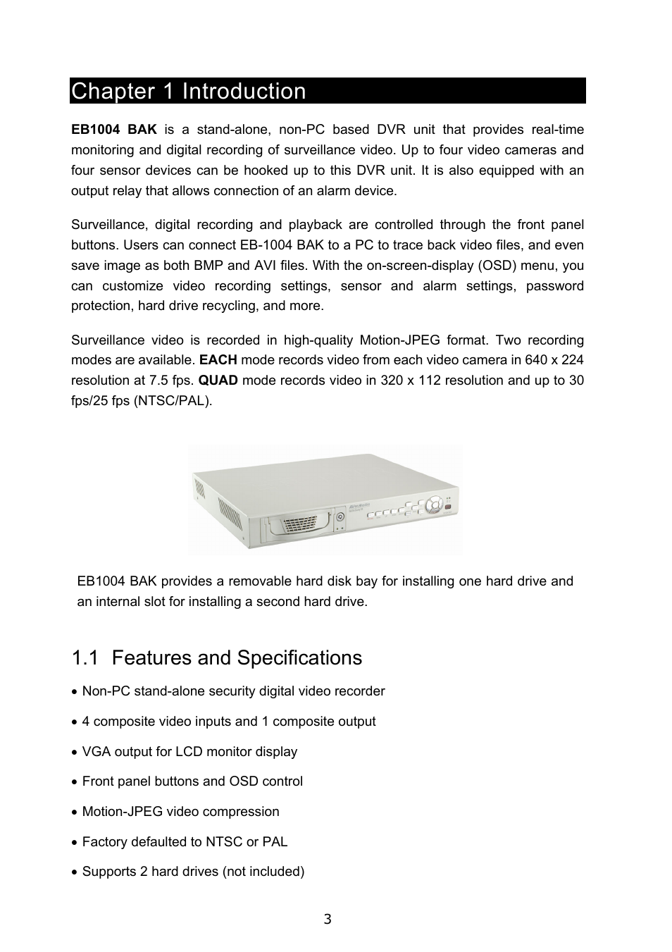 Chapter 1 introduction, 1 features and specifications | AVerMedia Technologies EB1004 User Manual | Page 6 / 40