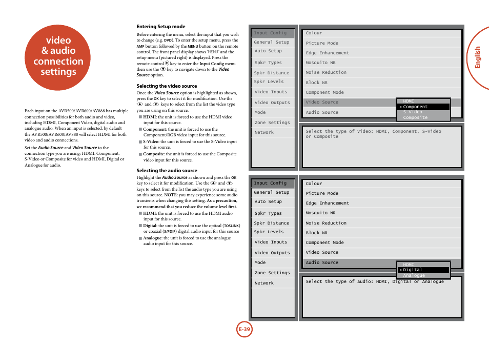 Video & audio connection settings .... e-39, Video & audio connection settings, English | Arcam surround	amplifier/AVprocessor AVR500	/	AVR600	/	AV888 User Manual | Page 41 / 74