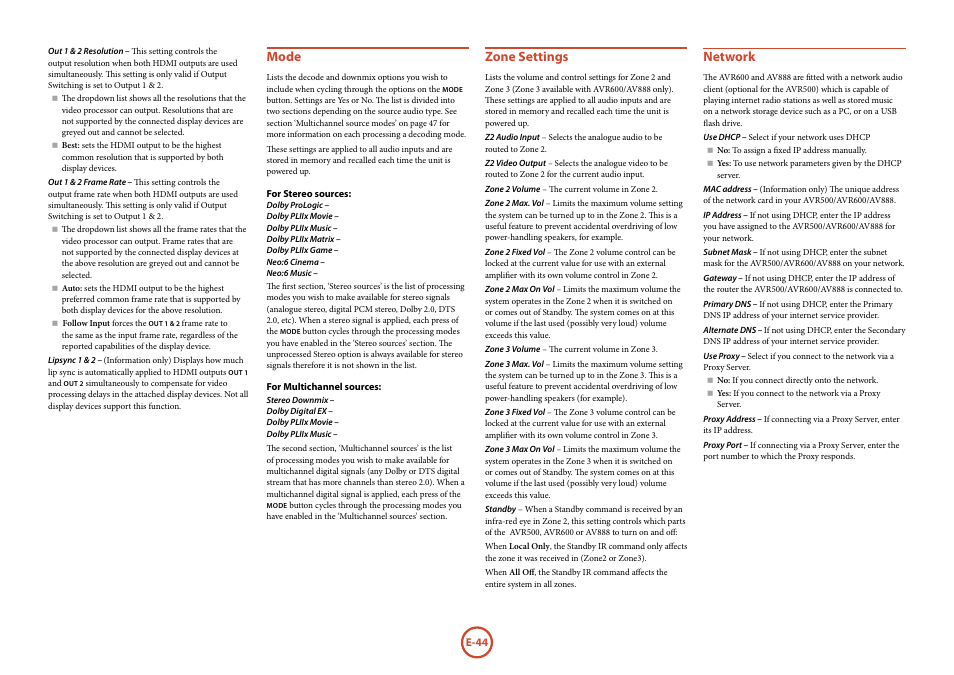 Mode, Zone settings, Network | Arcam surround	amplifier/AVprocessor AVR500	/	AVR600	/	AV888 User Manual | Page 46 / 74