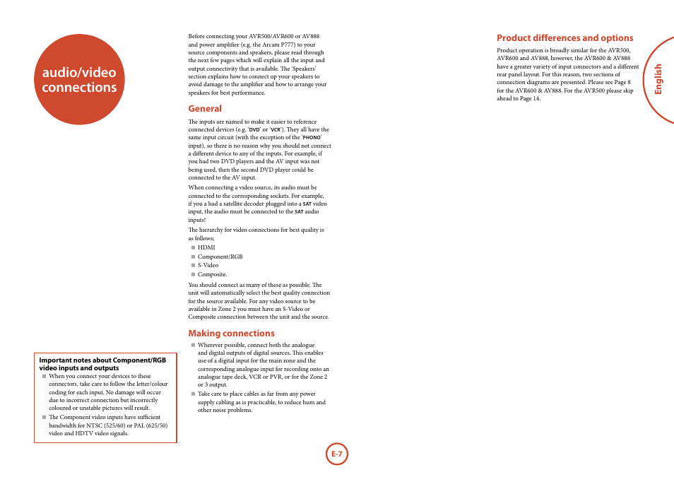 Audio/video connections, English, General | Making connections, Product differences and options | Arcam surround	amplifier/AVprocessor AVR500	/	AVR600	/	AV888 User Manual | Page 9 / 74