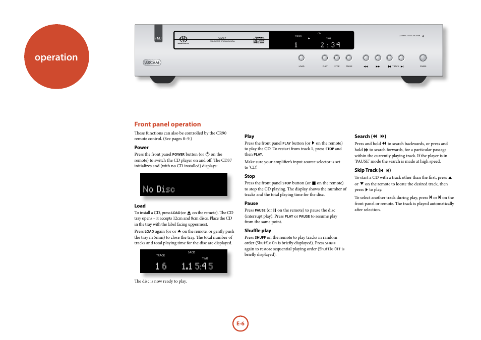 Operation, Av-ph 20, Front panel operation | Arcam FMJ CD37 User Manual | Page 6 / 11