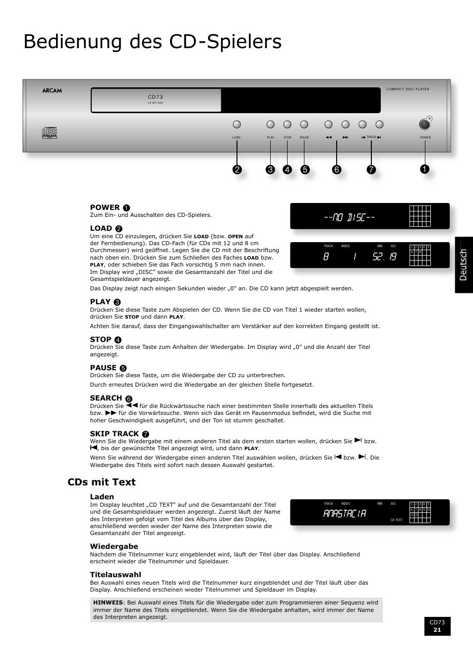 Cds mit text, Bedienung des cd-spielers, English | Arcam CD73 User Manual | Page 21 / 36
