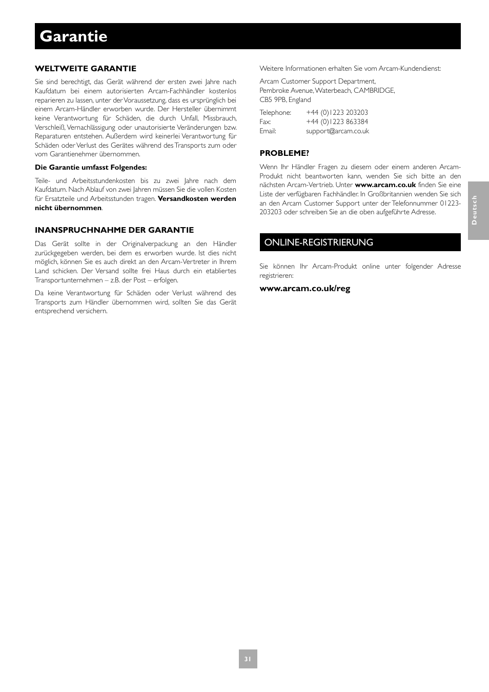 Garantie, Online-registrierung | Arcam T31 User Manual | Page 31 / 32