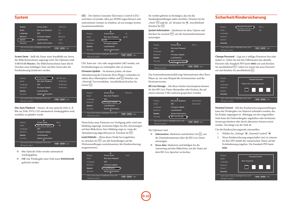 System, Sicherheit/kindersicherung, D-22 | Arcam HANDBOOK Blu-ray Disc player BDP300 User Manual | Page 90 / 206