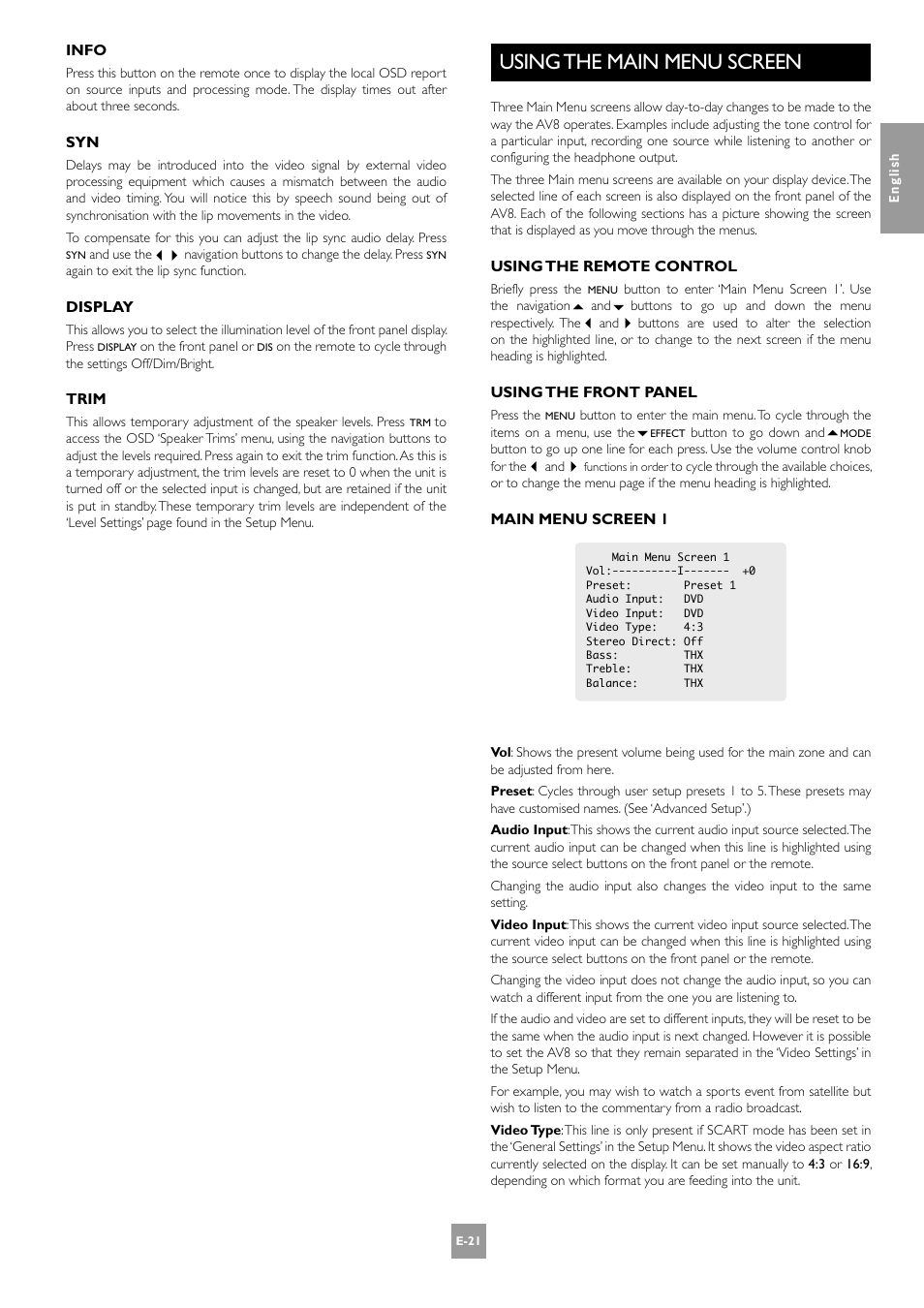 Using the main menu screen | Arcam AV8 PReamp Processor E-2 User Manual | Page 21 / 42