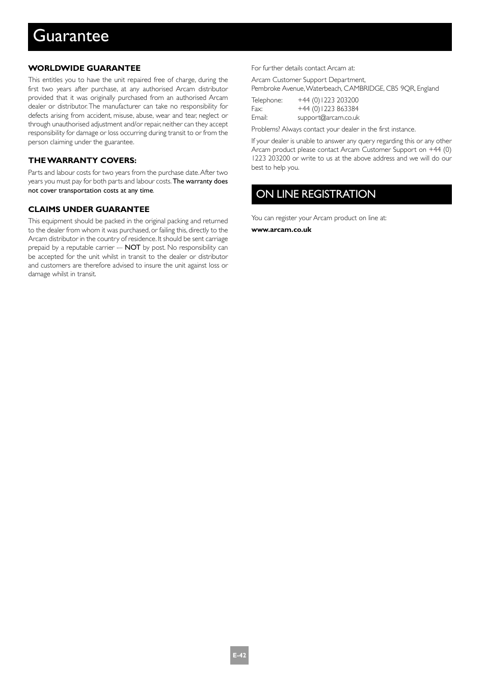 Guarantee, On line registration | Arcam AV8 PReamp Processor E-2 User Manual | Page 42 / 42