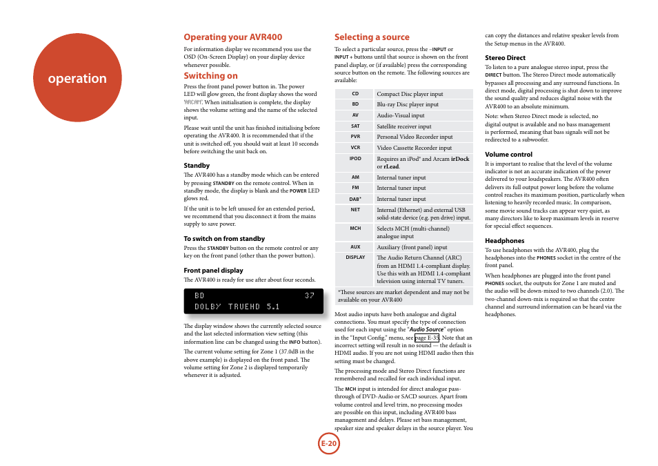 Operation, Operating your avr400, Switching on | Selecting a source | Arcam AVR	surround	amplifier AVR400 User Manual | Page 22 / 68