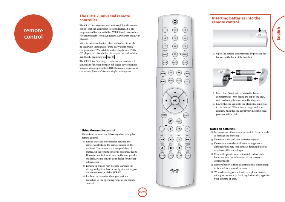 Remote control | Arcam AVR	surround	amplifier AVR400 User Manual | Page 25 / 68