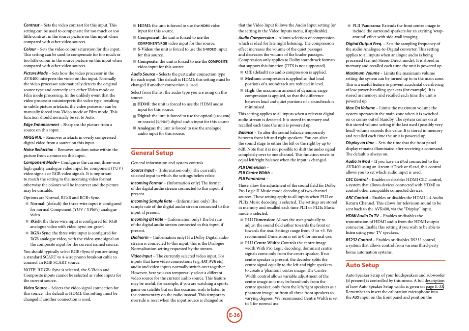 General setup, Auto setup | Arcam AVR	surround	amplifier AVR400 User Manual | Page 38 / 68