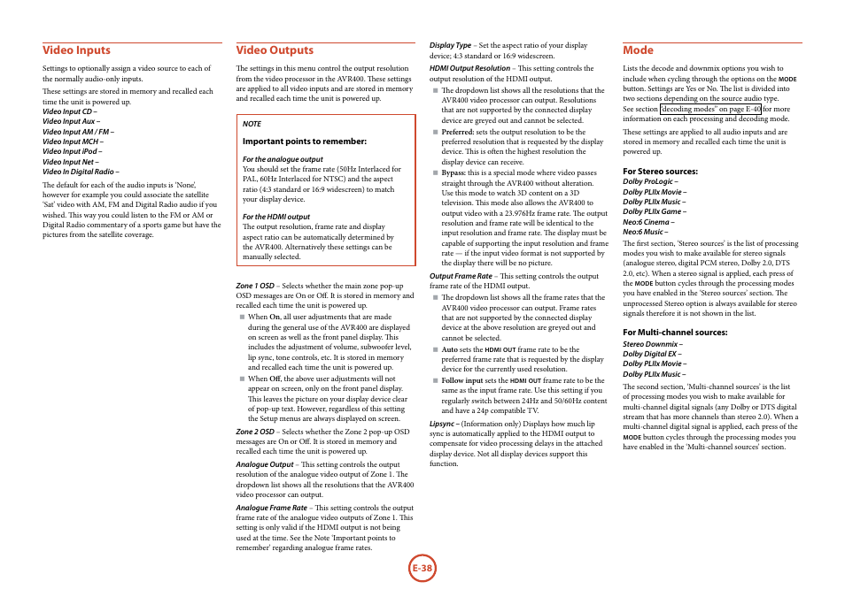 Video inputs, Video outputs, Mode | Arcam AVR	surround	amplifier AVR400 User Manual | Page 40 / 68