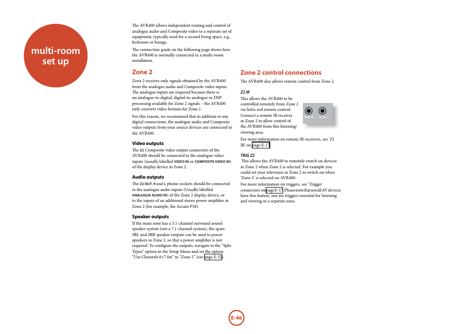 Multi-room set up, Zone 2 control connections, Zone 2 | Arcam AVR	surround	amplifier AVR400 User Manual | Page 48 / 68