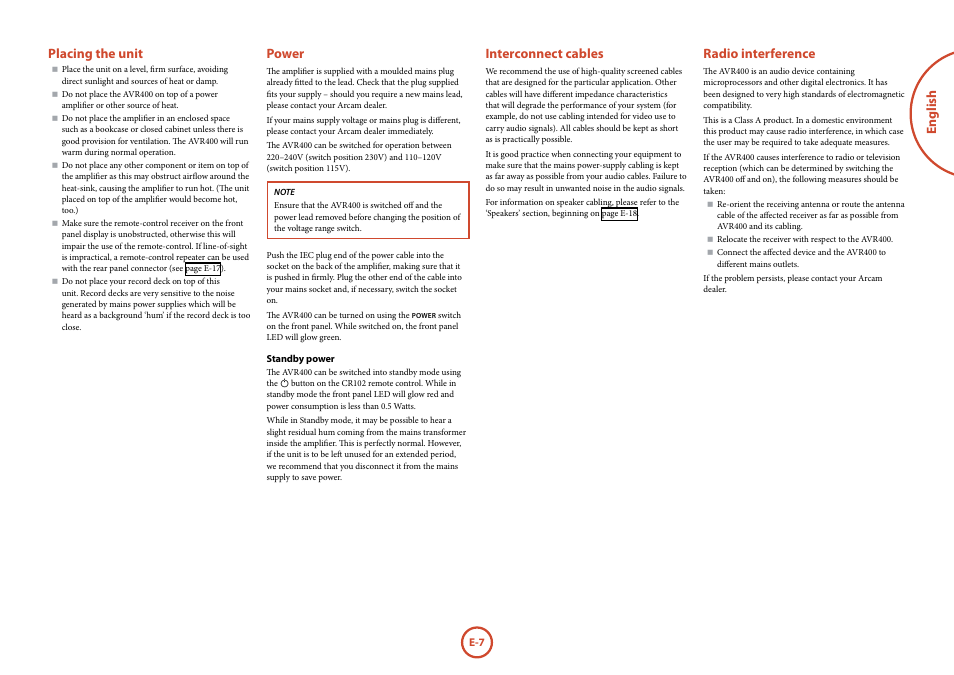 English placing the unit, Power, Interconnect cables | Radio interference | Arcam AVR	surround	amplifier AVR400 User Manual | Page 9 / 68