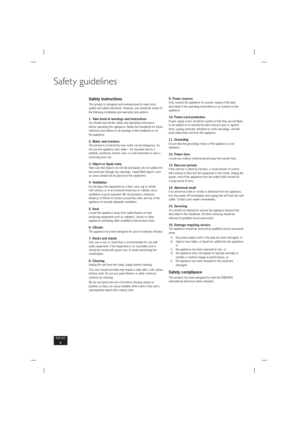 Safety guidelines | Arcam surround sound receiver AVR100 User Manual | Page 2 / 17