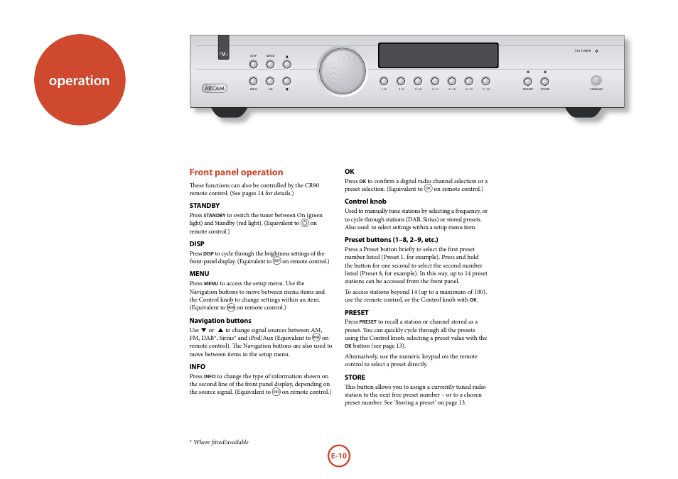 Operation, Front panel operation | Arcam Manuel Tuner radio T32 User Manual | Page 12 / 72