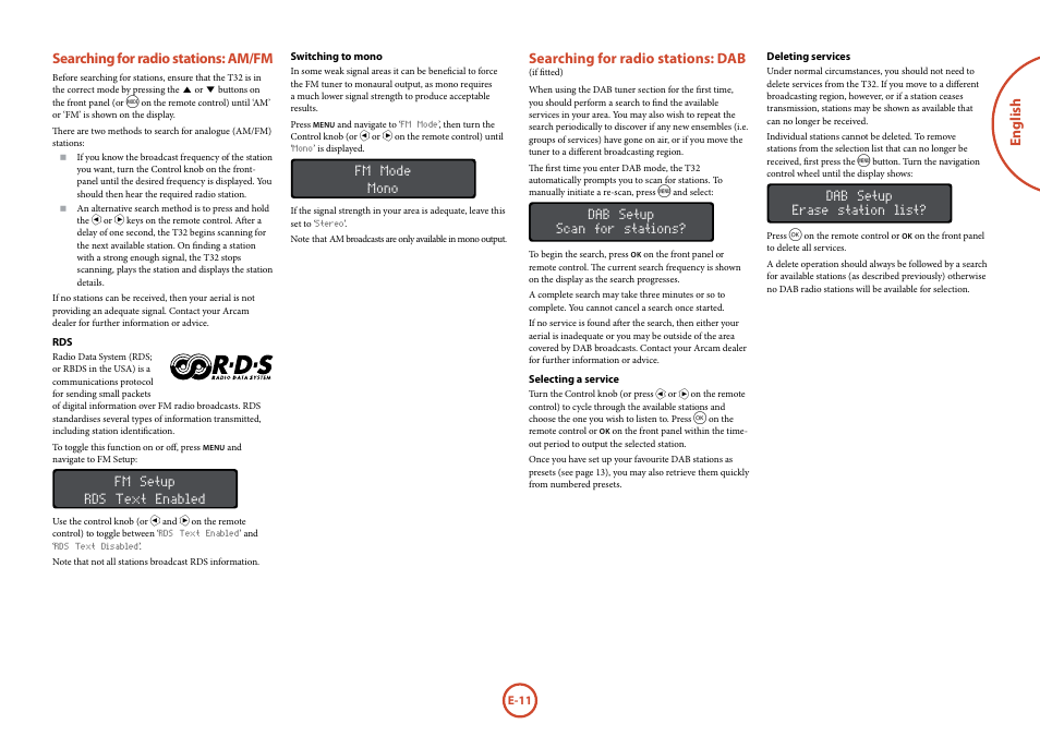 Searching for radio stations: am/fm, Searching for radio stations: dab (if fitted), E-11 | Arcam Manuel Tuner radio T32 User Manual | Page 13 / 72