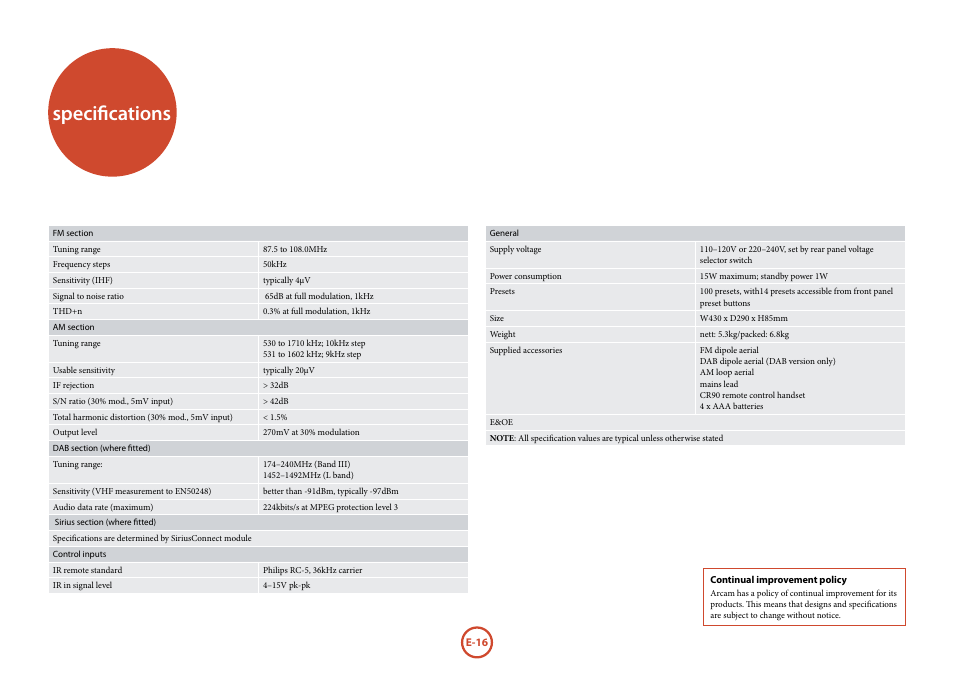 Specifications | Arcam Manuel Tuner radio T32 User Manual | Page 18 / 72