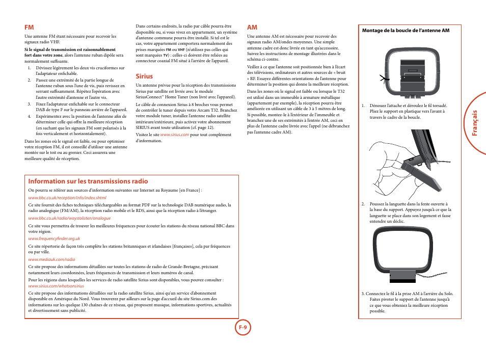 Information sur les transmissions radio, Fr anç ais, Sirius | Arcam Manuel Tuner radio T32 User Manual | Page 29 / 72