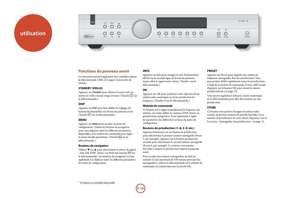 Utilisation, Fonctions du panneau avant | Arcam Manuel Tuner radio T32 User Manual | Page 30 / 72