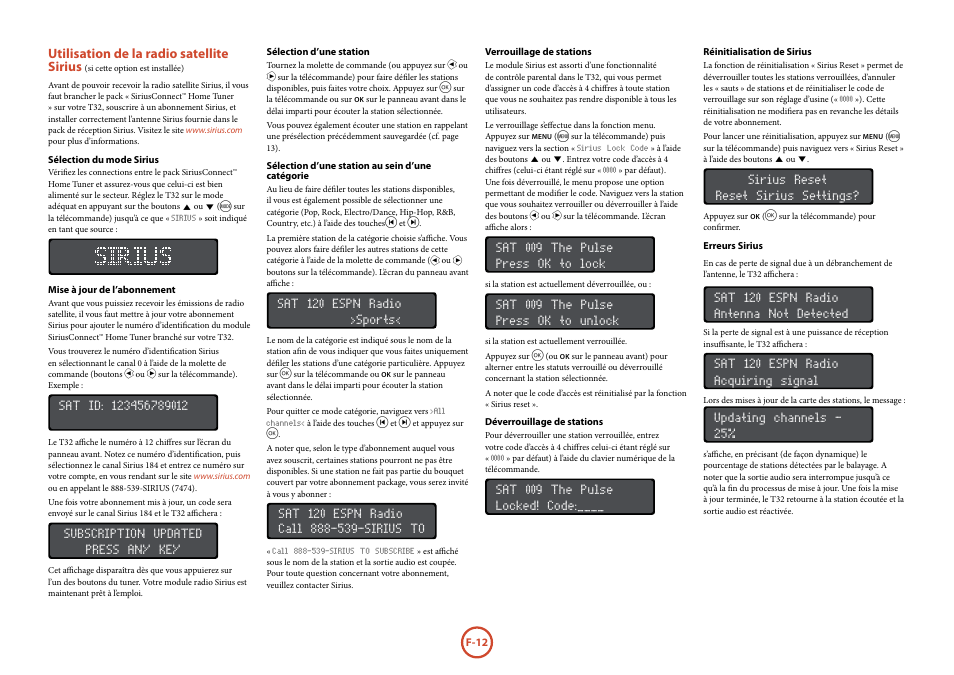 Utilisation de la radio satellite sirius, F-12 | Arcam Manuel Tuner radio T32 User Manual | Page 32 / 72