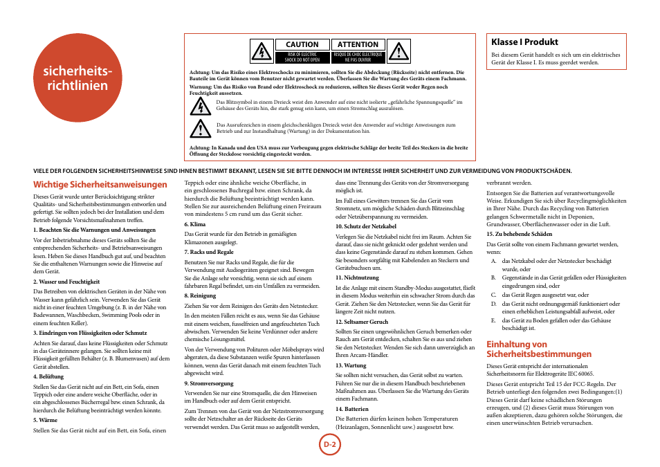 Sicherheits-richtlinien, Wichtige sicherheitsanweisungen, Einhaltung von sicherheitsbestimmungen | Sicherheits- richtlinien, Klasse i produkt | Arcam Manuel Tuner radio T32 User Manual | Page 40 / 72