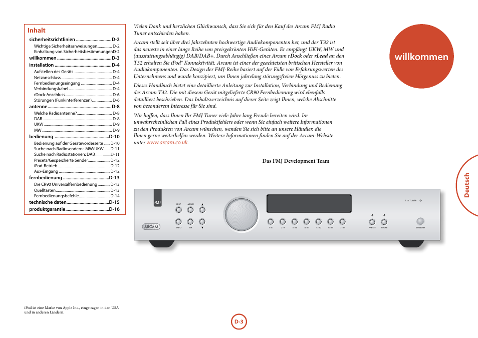 Willkommen, Deutsch, Inhalt | Arcam Manuel Tuner radio T32 User Manual | Page 41 / 72