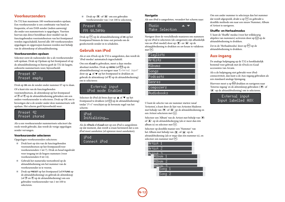 Voorkeurzenders, Gebruik van ipod, Aux-ingang | Arcam Manuel Tuner radio T32 User Manual | Page 66 / 72