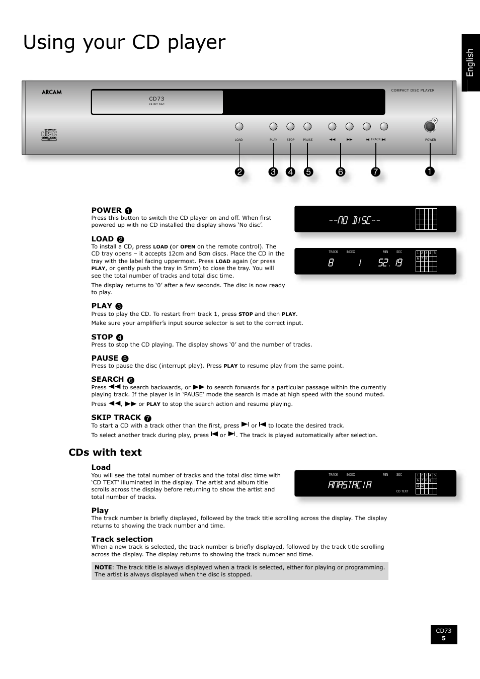 Using your cd player, Cds with text, En gl is h | Arcam Compact Disc Player CD73 User Manual | Page 5 / 9