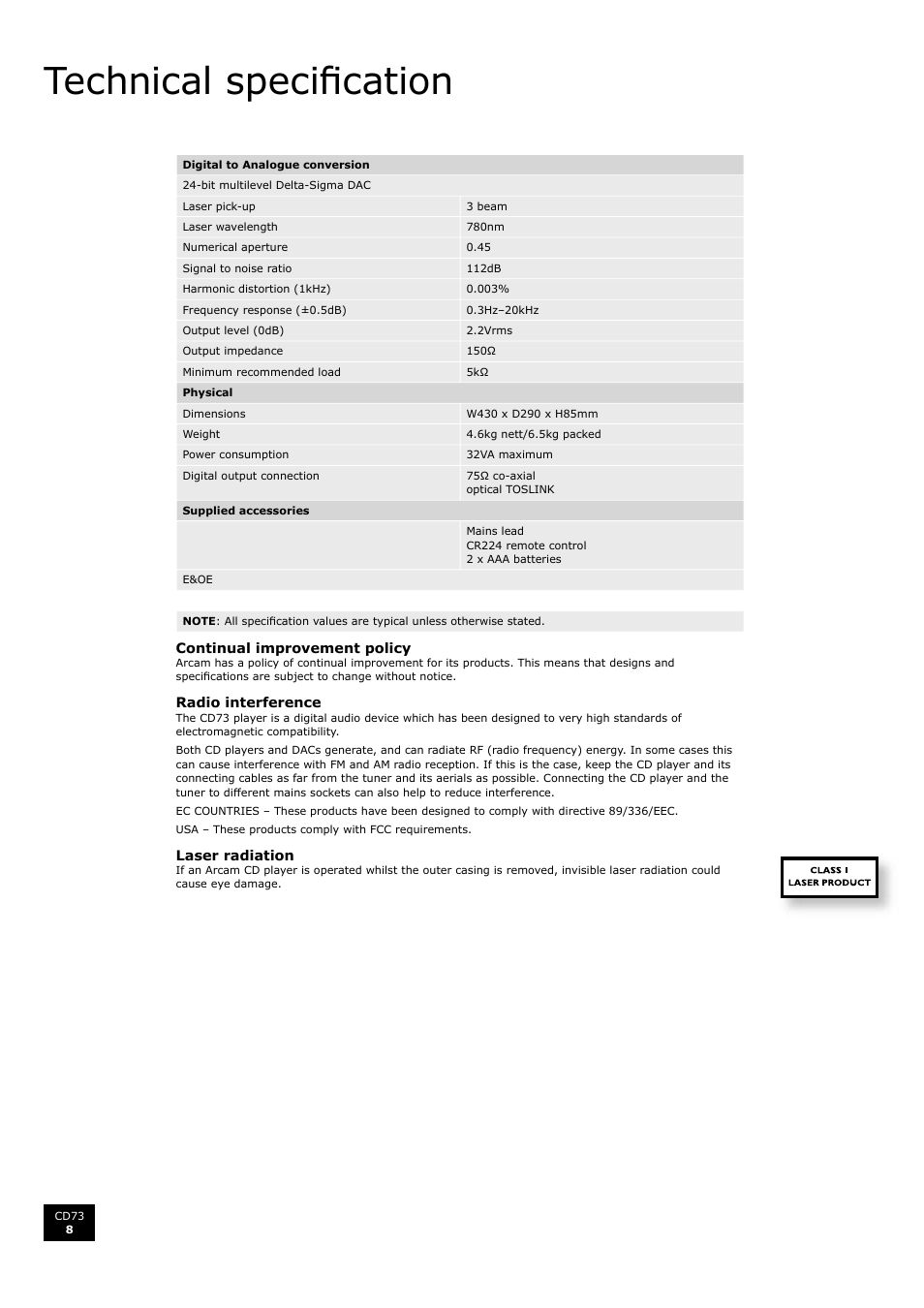 Technical specification, Technical specifi cation, En gl is h | Arcam Compact Disc Player CD73 User Manual | Page 8 / 9