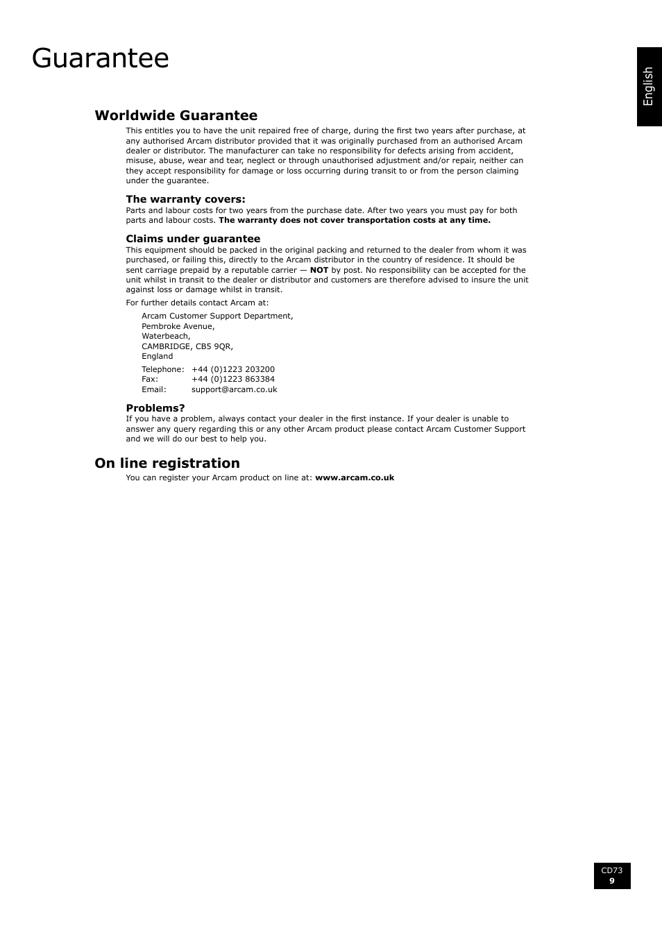 Guarantee, Worldwide guarantee, On line registration | 9 on line registration | Arcam Compact Disc Player CD73 User Manual | Page 9 / 9