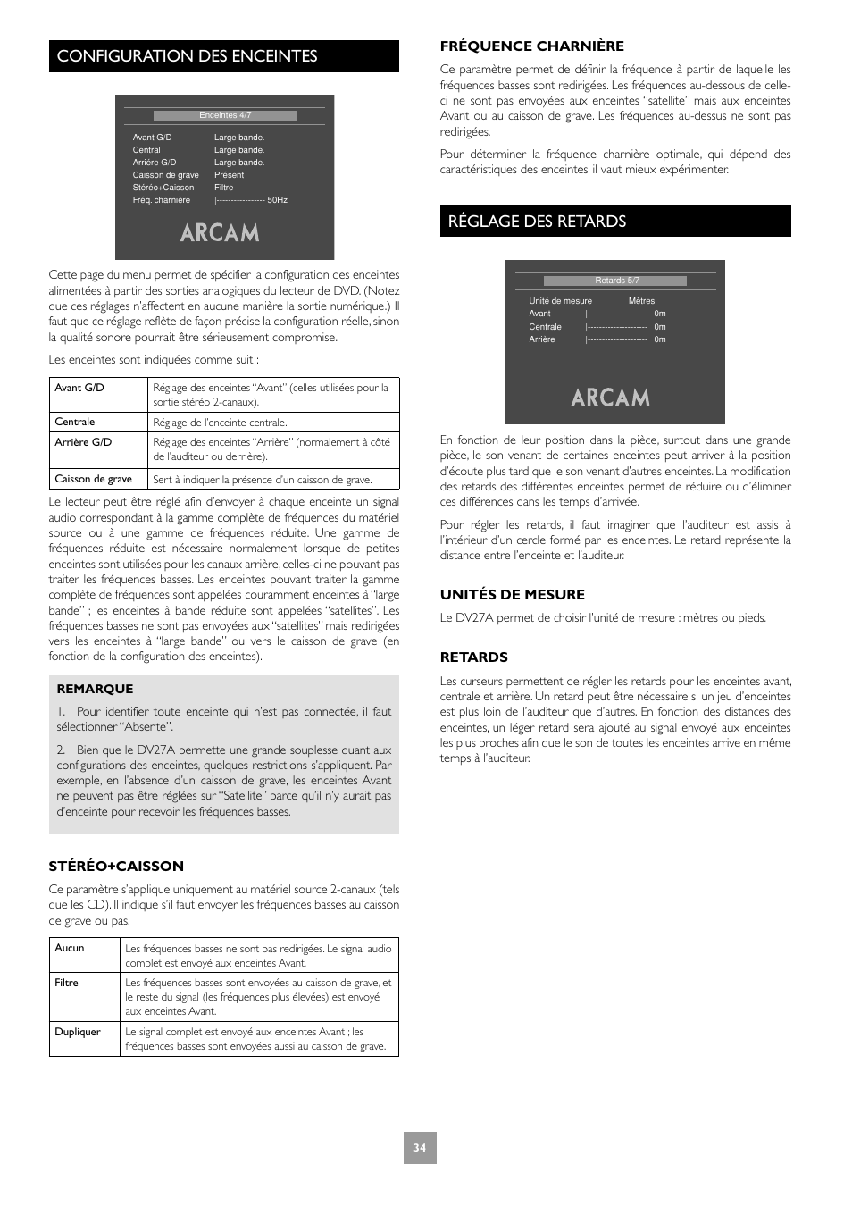Configuration des enceintes, Réglage des retards, 34 réglage des retards | Stéréo+caisson, Fréquence charnière, Unités de mesure, Retards | Arcam DV27A User Manual | Page 34 / 100