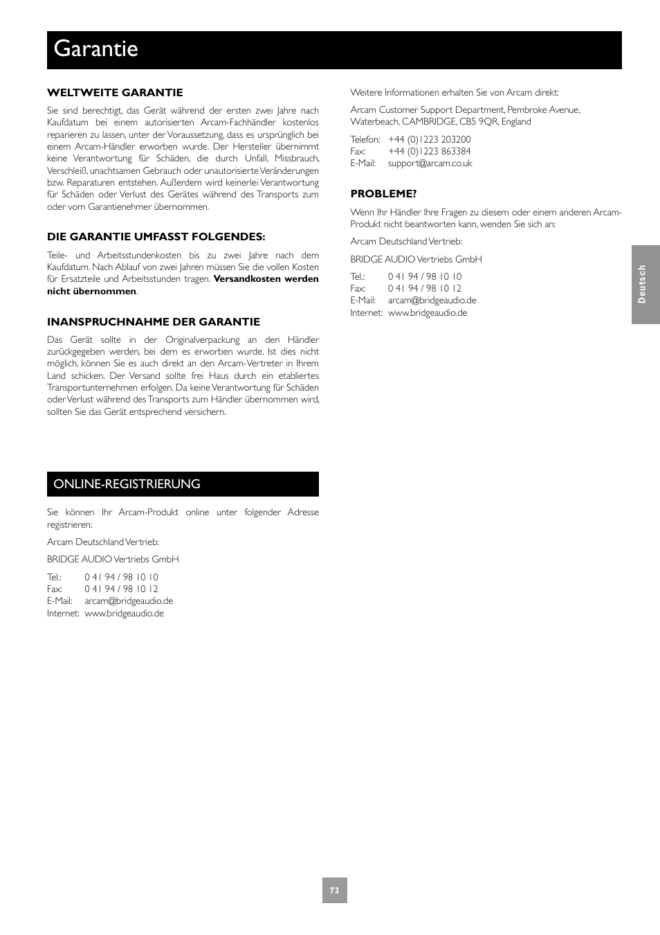 Garantie, Online-registrierung | Arcam DV27A User Manual | Page 73 / 100