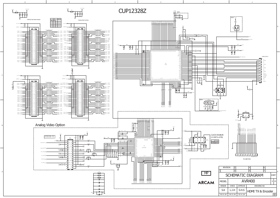 Avr400, Schematic diagram, Mp analog video option | Hdmi tx & encoder, L.j.h, S.h.s, Model, Sheet, Drawing no design check approve, Scaling mode interface hdmi by pass mode interface | Arcam AVR400 User Manual | Page 28 / 34