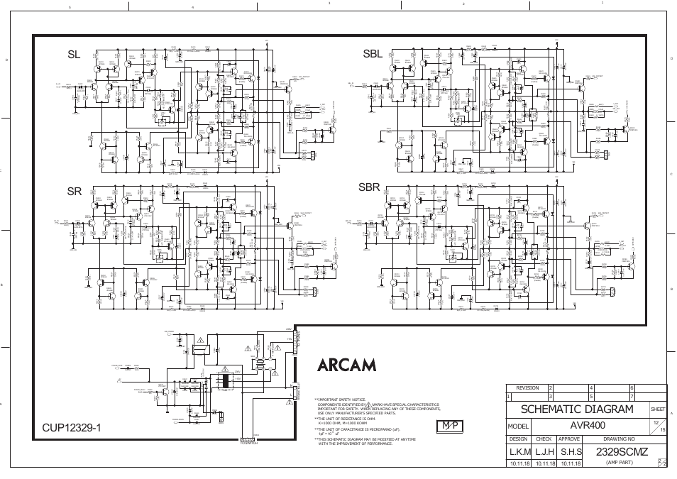 Schematic diagram, 2329scmz, Sl sr sbl sbr | Avr400, S.h.s l.j.h l.k.m, Model, Sheet, Drawing no design check approve, Amp part) | Arcam AVR400 User Manual | Page 31 / 34