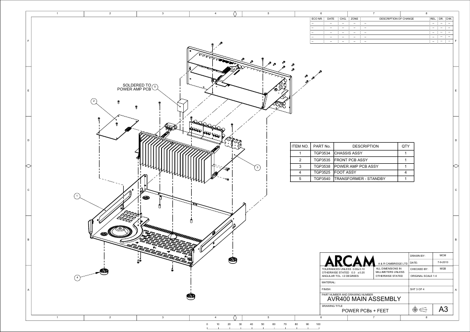 Avr400 main assembly, Power pcbs + feet, Soldered to power amp pcb | Arcam AVR400 User Manual | Page 4 / 34