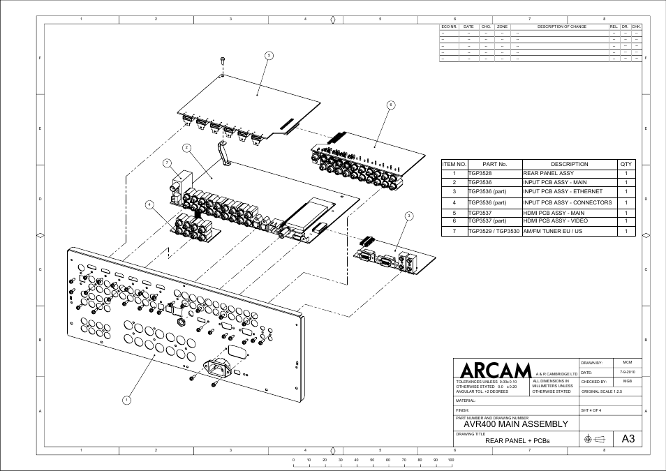 Avr400 main assembly, Power pcbs + feet, Rear panel + pcbs | Soldered to power amp pcb | Arcam AVR400 User Manual | Page 5 / 34