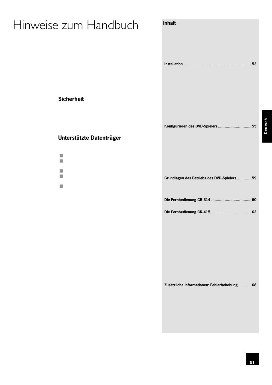 Hinweise zum handbuch, Sicherheit, Unterstützte datenträger | Inhalt | Arcam DV78 User Manual | Page 51 / 100