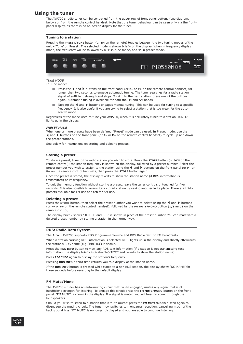 Using the tuner, E-22 | Arcam AVP700 User Manual | Page 22 / 43